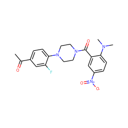 CC(=O)c1ccc(N2CCN(C(=O)c3cc([N+](=O)[O-])ccc3N(C)C)CC2)c(F)c1 ZINC000040957260