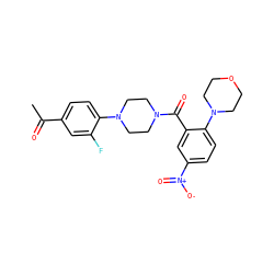 CC(=O)c1ccc(N2CCN(C(=O)c3cc([N+](=O)[O-])ccc3N3CCOCC3)CC2)c(F)c1 ZINC000022146623