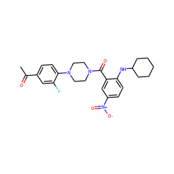 CC(=O)c1ccc(N2CCN(C(=O)c3cc([N+](=O)[O-])ccc3NC3CCCCC3)CC2)c(F)c1 ZINC000040974930