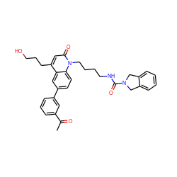 CC(=O)c1cccc(-c2ccc3c(c2)c(CCCO)cc(=O)n3CCCCNC(=O)N2Cc3ccccc3C2)c1 ZINC000166377246