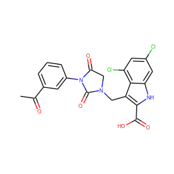 CC(=O)c1cccc(N2C(=O)CN(Cc3c(C(=O)O)[nH]c4cc(Cl)cc(Cl)c34)C2=O)c1 ZINC000013492843