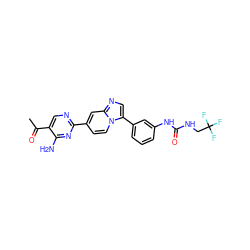 CC(=O)c1cnc(-c2ccn3c(-c4cccc(NC(=O)NCC(F)(F)F)c4)cnc3c2)nc1N ZINC000169704752