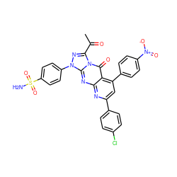 CC(=O)c1nn(-c2ccc(S(N)(=O)=O)cc2)c2nc3nc(-c4ccc(Cl)cc4)cc(-c4ccc([N+](=O)[O-])cc4)c3c(=O)n12 ZINC001772572331