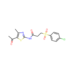 CC(=O)c1sc(NC(=O)CCS(=O)(=O)c2ccc(Cl)cc2)nc1C ZINC000004496234