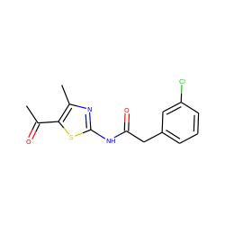 CC(=O)c1sc(NC(=O)Cc2cccc(Cl)c2)nc1C ZINC000169307216