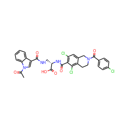 CC(=O)n1cc(C(=O)NC[C@H](NC(=O)c2c(Cl)cc3c(c2Cl)CCN(C(=O)c2ccc(Cl)cc2)C3)C(=O)O)c2ccccc21 ZINC000072123689