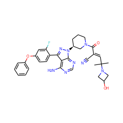 CC(C)(/C=C(\C#N)C(=O)N1CCC[C@H](n2nc(-c3ccc(Oc4ccccc4)cc3F)c3c(N)ncnc32)C1)N1CC(O)C1 ZINC000224348972