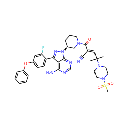 CC(C)(/C=C(\C#N)C(=O)N1CCC[C@H](n2nc(-c3ccc(Oc4ccccc4)cc3F)c3c(N)ncnc32)C1)N1CCN(S(C)(=O)=O)CC1 ZINC000224263860