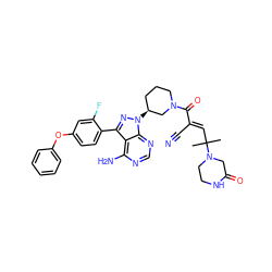 CC(C)(/C=C(\C#N)C(=O)N1CCC[C@H](n2nc(-c3ccc(Oc4ccccc4)cc3F)c3c(N)ncnc32)C1)N1CCNC(=O)C1 ZINC001772613811