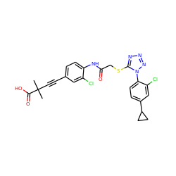 CC(C)(C#Cc1ccc(NC(=O)CSc2nnnn2-c2ccc(C3CC3)cc2Cl)c(Cl)c1)C(=O)O ZINC000028823620