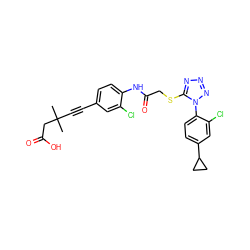 CC(C)(C#Cc1ccc(NC(=O)CSc2nnnn2-c2ccc(C3CC3)cc2Cl)c(Cl)c1)CC(=O)O ZINC000028823623