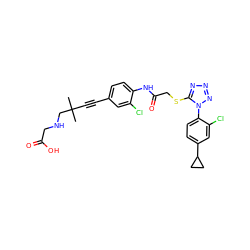 CC(C)(C#Cc1ccc(NC(=O)CSc2nnnn2-c2ccc(C3CC3)cc2Cl)c(Cl)c1)CNCC(=O)O ZINC000028823619