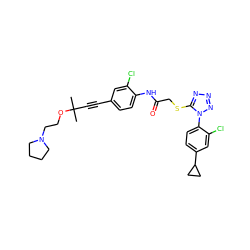 CC(C)(C#Cc1ccc(NC(=O)CSc2nnnn2-c2ccc(C3CC3)cc2Cl)c(Cl)c1)OCCN1CCCC1 ZINC000028823605