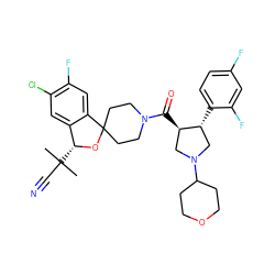 CC(C)(C#N)[C@H]1OC2(CCN(C(=O)[C@@H]3CN(C4CCOCC4)C[C@H]3c3ccc(F)cc3F)CC2)c2cc(F)c(Cl)cc21 ZINC000058598604