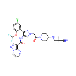 CC(C)(C#N)CNC1CCN(C(=O)Cn2cc(NC(=O)c3cnn4cccnc34)c(-c3cc(Cl)ccc3OC(F)F)n2)CC1 ZINC001772618265