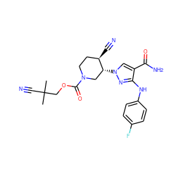 CC(C)(C#N)COC(=O)N1CC[C@@H](C#N)[C@H](n2cc(C(N)=O)c(Nc3ccc(F)cc3)n2)C1 ZINC000220741481