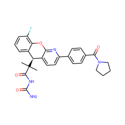 CC(C)(C(=O)NC(N)=O)[C@@H]1c2ccc(-c3ccc(C(=O)N4CCCC4)cc3)nc2Oc2c(F)cccc21 ZINC000299825482