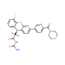 CC(C)(C(=O)NC(N)=O)[C@@H]1c2ccc(-c3ccc(C(=O)N4CCOCC4)nc3)nc2Oc2c(F)cccc21 ZINC000299825618