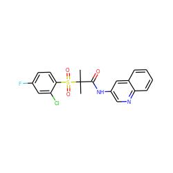 CC(C)(C(=O)Nc1cnc2ccccc2c1)S(=O)(=O)c1ccc(F)cc1Cl ZINC000040881300