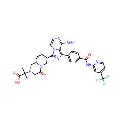 CC(C)(C(=O)O)N1CC(=O)N2C[C@H](c3nc(-c4ccc(C(=O)Nc5cc(C(F)(F)F)ccn5)cc4)c4c(N)nccn34)CC[C@H]2C1 ZINC000217102693