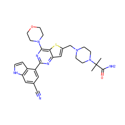 CC(C)(C(N)=O)N1CCN(Cc2cc3nc(-c4cc(C#N)cc5[nH]ccc45)nc(N4CCOCC4)c3s2)CC1 ZINC000095557445