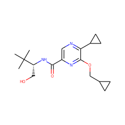 CC(C)(C)[C@@H](CO)NC(=O)c1cnc(C2CC2)c(OCC2CC2)n1 ZINC000207351269