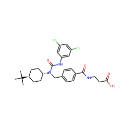 CC(C)(C)[C@H]1CC[C@H](N(Cc2ccc(C(=O)NCCC(=O)O)cc2)C(=O)Nc2cc(Cl)cc(Cl)c2)CC1 ZINC000261167352