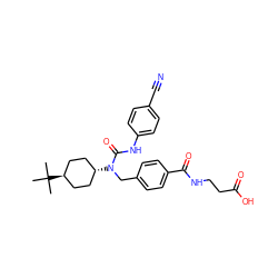 CC(C)(C)[C@H]1CC[C@H](N(Cc2ccc(C(=O)NCCC(=O)O)cc2)C(=O)Nc2ccc(C#N)cc2)CC1 ZINC000253883938