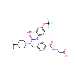 CC(C)(C)[C@H]1CC[C@H](N(Cc2ccc(C(=O)NCCC(=O)O)cc2)C(=O)Nc2ccc(OC(F)(F)F)cc2C#N)CC1 ZINC000261173490