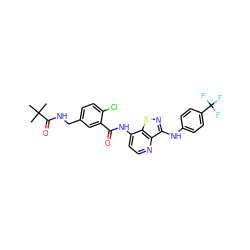 CC(C)(C)C(=O)NCc1ccc(Cl)c(C(=O)Nc2ccnc3c(Nc4ccc(C(F)(F)F)cc4)nsc23)c1 ZINC000206923700