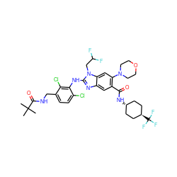 CC(C)(C)C(=O)NCc1ccc(Cl)c(Nc2nc3cc(C(=O)N[C@H]4CC[C@H](C(F)(F)F)CC4)c(N4CCOCC4)cc3n2CC(F)F)c1Cl ZINC000261127466