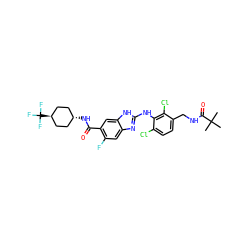 CC(C)(C)C(=O)NCc1ccc(Cl)c(Nc2nc3cc(F)c(C(=O)N[C@H]4CC[C@H](C(F)(F)F)CC4)cc3[nH]2)c1Cl ZINC000261191447