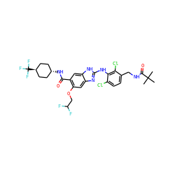 CC(C)(C)C(=O)NCc1ccc(Cl)c(Nc2nc3cc(OCC(F)F)c(C(=O)N[C@H]4CC[C@H](C(F)(F)F)CC4)cc3[nH]2)c1Cl ZINC000261170668