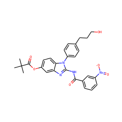 CC(C)(C)C(=O)Oc1ccc2c(c1)nc(NC(=O)c1cccc([N+](=O)[O-])c1)n2-c1ccc(CCCO)cc1 ZINC000653748001