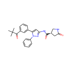 CC(C)(C)C(=O)c1cccc(-c2cc(NC(=O)[C@H]3CNC(=O)C3)nn2-c2ccccc2)c1 ZINC000169685403