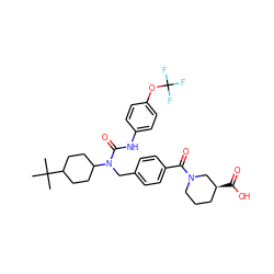 CC(C)(C)C1CCC(N(Cc2ccc(C(=O)N3CCC[C@H](C(=O)O)C3)cc2)C(=O)Nc2ccc(OC(F)(F)F)cc2)CC1 ZINC000036351409