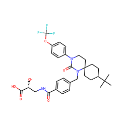 CC(C)(C)C1CCC2(CC1)CCN(c1ccc(OC(F)(F)F)cc1)C(=O)N2Cc1ccc(C(=O)NC[C@@H](O)C(=O)O)cc1 ZINC000028526012