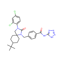 CC(C)(C)C1CCC2(CC1)CN(c1ccc(Cl)cc1Cl)C(=O)N2Cc1ccc(C(=O)Nc2nnn[nH]2)cc1 ZINC000028527823