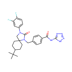 CC(C)(C)C1CCC2(CC1)CN(c1ccc(F)c(F)c1)C(=O)N2Cc1ccc(C(=O)Nc2nnn[nH]2)cc1 ZINC000028525700