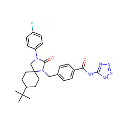 CC(C)(C)C1CCC2(CC1)CN(c1ccc(F)cc1)C(=O)N2Cc1ccc(C(=O)Nc2nnn[nH]2)cc1 ZINC000028528865