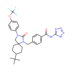 CC(C)(C)C1CCC2(CC1)CN(c1ccc(OC(F)(F)F)cc1)C(=O)N2Cc1ccc(C(=O)Nc2nnn[nH]2)cc1 ZINC000003960214