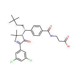 CC(C)(C)CC[C@H](c1ccc(C(=O)NCCC(=O)O)cc1)N1C(=O)C(c2cc(Cl)cc(Cl)c2)=NC1(C)C ZINC000169700283