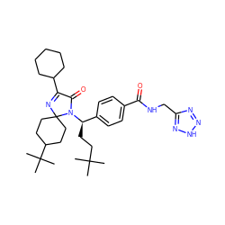 CC(C)(C)CC[C@H](c1ccc(C(=O)NCc2nn[nH]n2)cc1)N1C(=O)C(C2CCCCC2)=NC12CCC(C(C)(C)C)CC2 ZINC000146462890