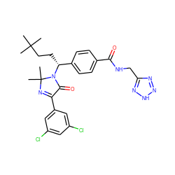 CC(C)(C)CC[C@H](c1ccc(C(=O)NCc2nn[nH]n2)cc1)N1C(=O)C(c2cc(Cl)cc(Cl)c2)=NC1(C)C ZINC000169312984