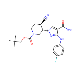 CC(C)(C)COC(=O)N1CC[C@@H](C#N)[C@H](n2cc(C(N)=O)c(Nc3ccc(F)cc3)n2)C1 ZINC000220735494