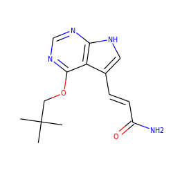 CC(C)(C)COc1ncnc2[nH]cc(/C=C/C(N)=O)c12 ZINC000208102755