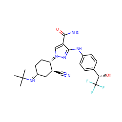 CC(C)(C)N[C@@H]1CC[C@H](n2cc(C(N)=O)c(Nc3ccc([C@H](O)C(F)(F)F)cc3)n2)[C@@H](C#N)C1 ZINC000221886151