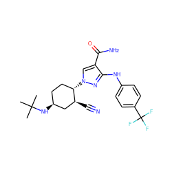 CC(C)(C)N[C@H]1CC[C@H](n2cc(C(N)=O)c(Nc3ccc(C(F)(F)F)cc3)n2)[C@@H](C#N)C1 ZINC000222979637