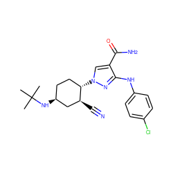 CC(C)(C)N[C@H]1CC[C@H](n2cc(C(N)=O)c(Nc3ccc(Cl)cc3)n2)[C@@H](C#N)C1 ZINC000221832110