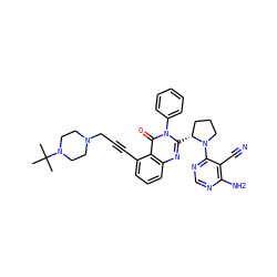 CC(C)(C)N1CCN(CC#Cc2cccc3nc([C@@H]4CCCN4c4ncnc(N)c4C#N)n(-c4ccccc4)c(=O)c23)CC1 ZINC001772610153